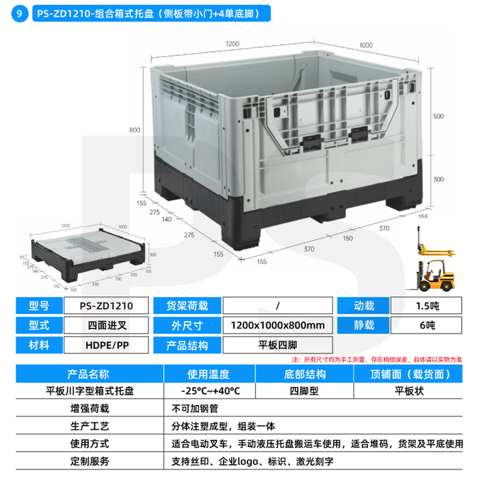 PS-ZD1210-组合箱式托盘（侧板带小门+4单底脚）